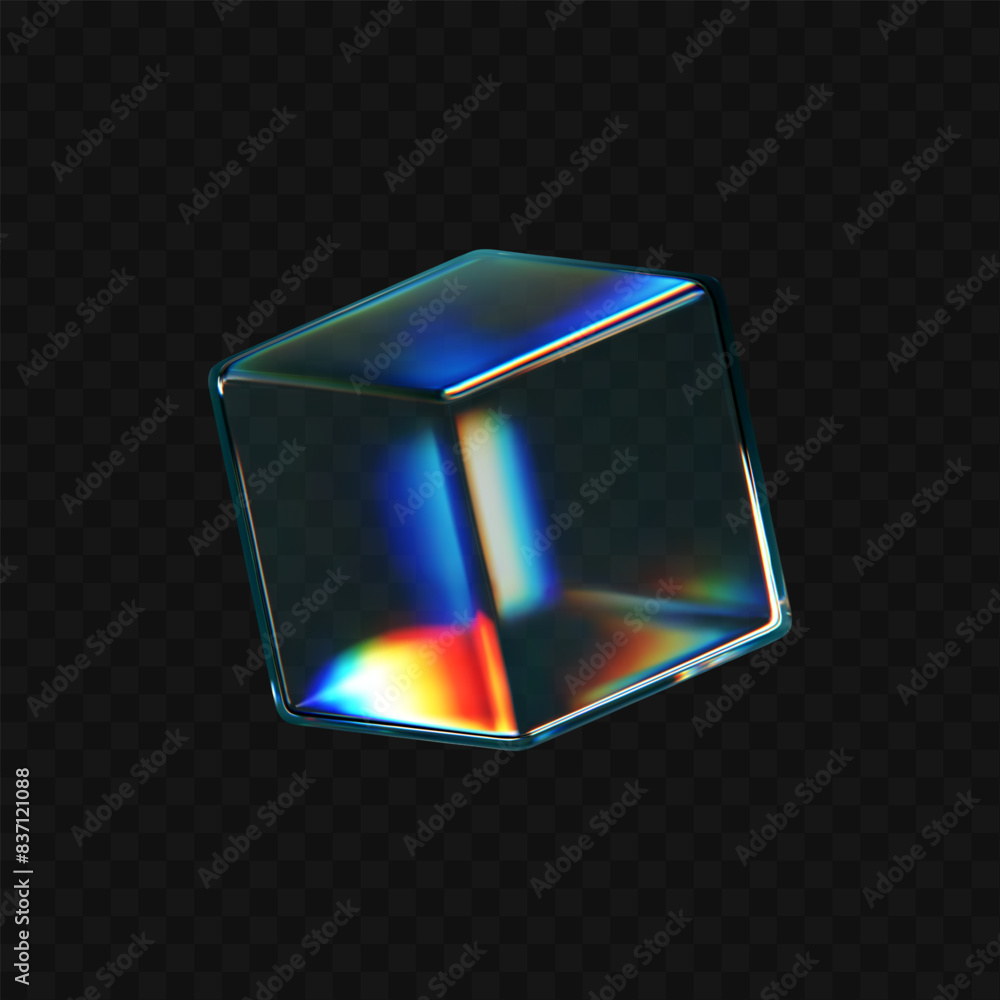 Wall mural 3d crystal glass cube with refraction and holographic effect isolated on dark background. render tra