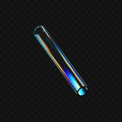 3d crystal glass cylinder with refraction and holographic effect isolated on dark background. Render transparent glass rotate figure with overlay dispersion light, rainbow gradient. 3d vector morphism