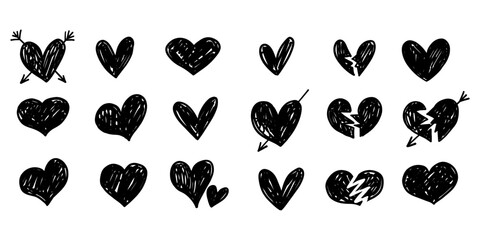 Vector heart icon sketch doodle illustration set with broken heart shape. Black and white monochrome collection