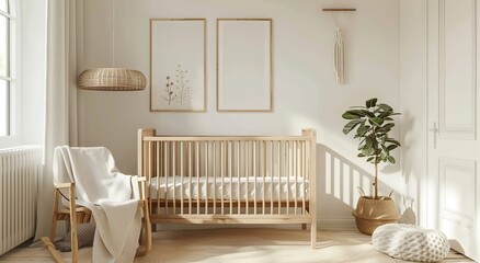 Baby's room  with Wooden Furniture in Pastel Color Palette, Scandinavian Style, Neutral Decor, Wall Art, Soft Lighting, Baby Crib and Chair, Featuring Two White Posters on Walls above Bed with Differe