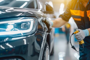 Obraz premium Modern car repair service. Master using professional tool to repair car after accident