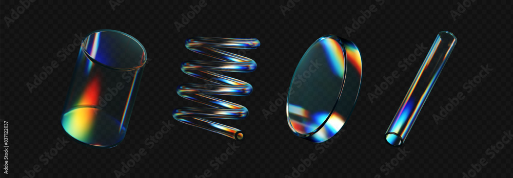 Wall mural 3d crystal glass shapes with refraction and holographic effect isolated on dark background. render t