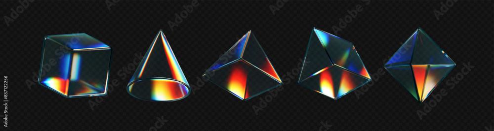 Canvas Prints 3d crystal glass shapes with refraction and holographic effect isolated on dark background. render t