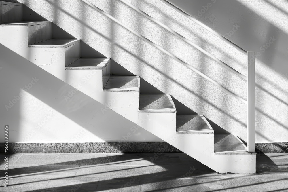 Poster Diagonal sunlight casts geometric shadows on a modern white staircase, creating a striking monochromatic visual effect.
