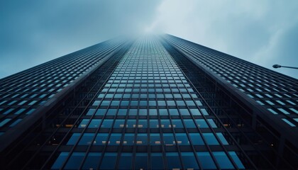 Symmetrical glass skyscraper with numerous windows standing proudly on the city skyline