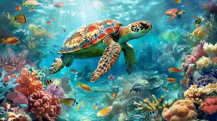 Obraz premium aquatic wonderland. colorful marine creatures and serene turtle in vibrant underwater ecosystem