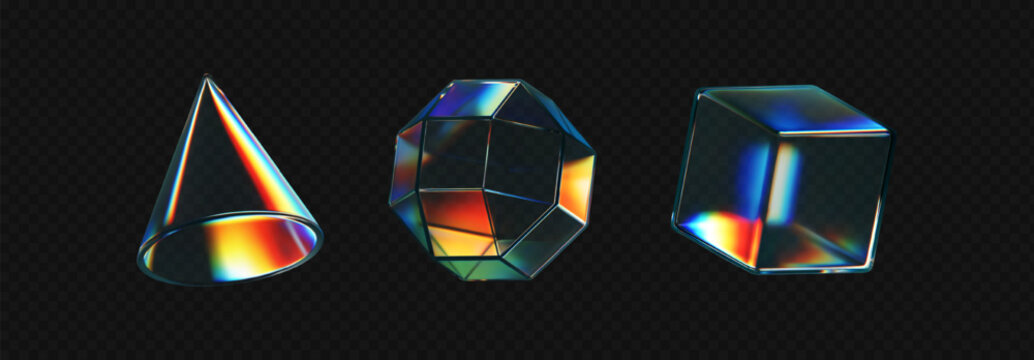 3d crystal glass shapes with refraction and holographic effect isolated on dark background. Render transparent glass rotate figure with overlay dispersion light, rainbow gradient. 3d vector morphism