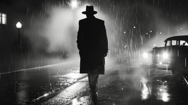 Fototapeta A black and white photo of a man in a hat and coat walking on a city street at night in the rain