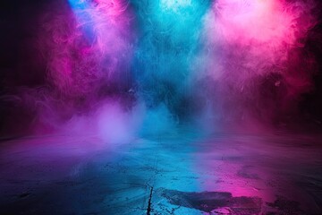 Abstract Dark Background with Concrete Floor, Colorful Spotlights, and Smoke, Night Scene of Empty Room or Stage for Product Presentation with Dark Neon Lights in Black, Purple, Blue, and Pink Colors
