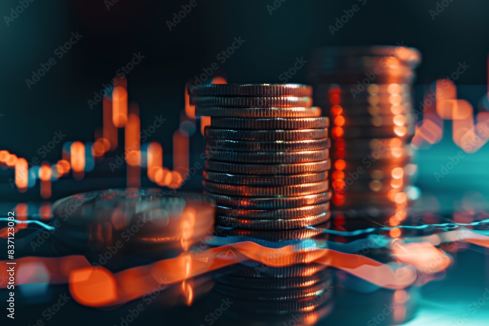 Aufkleber high quality image of a stack of coins with graph chart showing business growth for marketing
