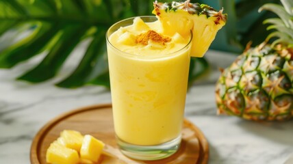 a tropical probiotic cocktail, blending kefir with pineapple juice, coconut water, and a dash of turmeric for color