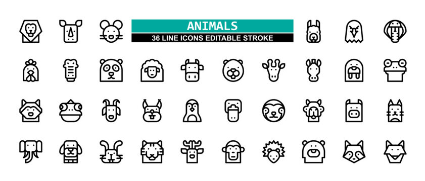 36 Animal Line Icons Set Pack Editable Stroke Vector Illustration.