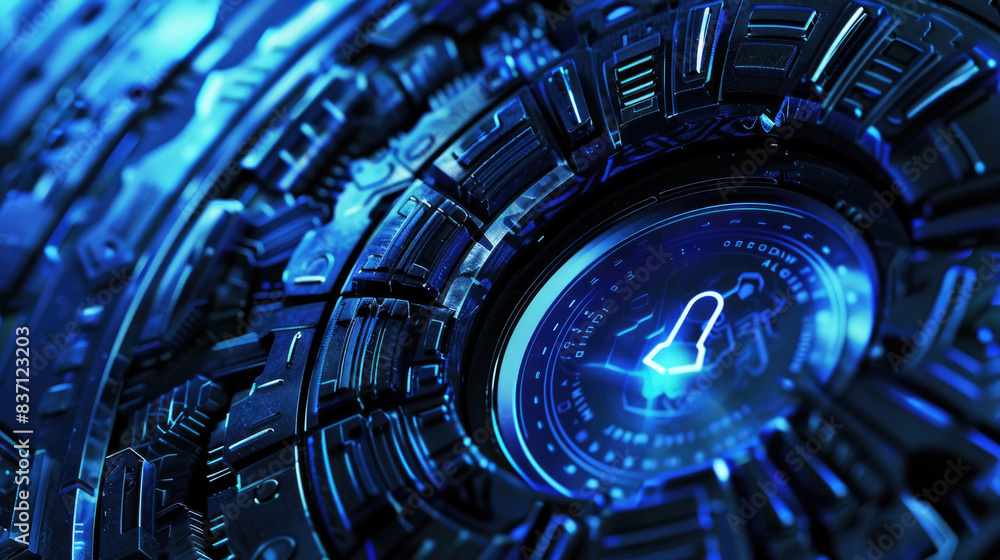 Poster a close-up shot of a futuristic digital interface with a glowing blue symbol in the center. the inte