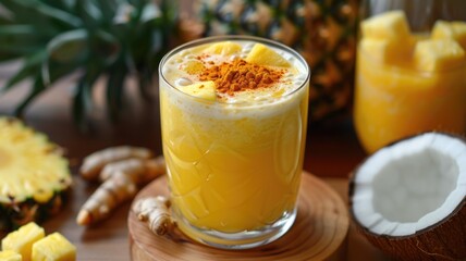 a tropical probiotic cocktail, blending kefir with pineapple juice, coconut water, and a dash of turmeric for color