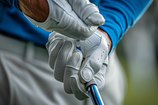 Close-up of golfers hands in precision grip before swing at summer olympic games