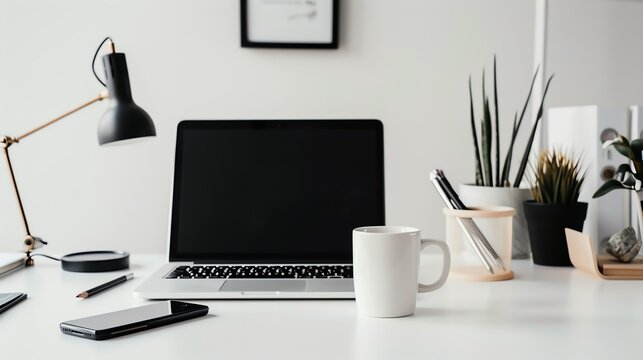 Modern minimalist workspace with laptop, smartphone, coffee mug, and plants. Ideal for productivity, creativity, and home office inspiration.