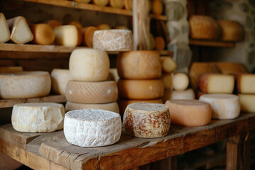 Farmer local cheese shop. Different of organic cheese on a wooden table.