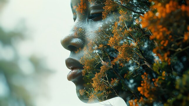Artistic double exposure portrait of a person and nature, merging human and natural beauty, emphasizing connection to the environment.