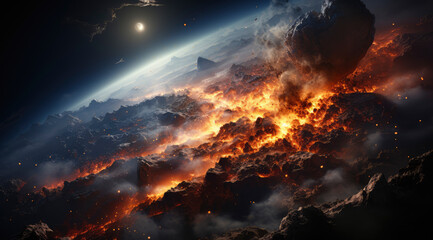 Fototapeta premium Apocalyptic Space Scene, Burning Earth Under Cosmic Destruction, Epic Space Catastrophe Image
