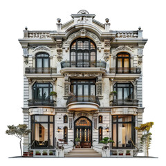Obraz premium Eclectic Revival-style facade, blending elements from various architectural styles, isolated on a white background.