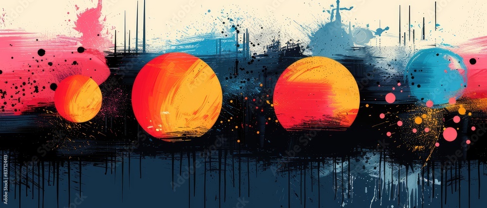 Poster dynamic interplay of color and shape where vibrant circles float over an abstract expressionist back
