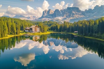 Naklejka premium Aerial view of lago antorno, dolomites, italy with alps peak and famous tre cime di lavaredo