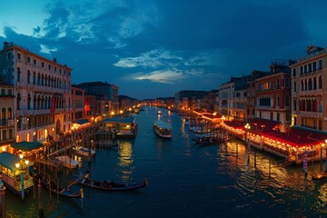 Obraz premium Panoramic venice night cityscape - grand canal view, romantic water trip in italy