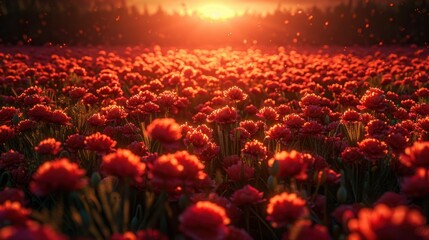 Obraz premium Vibrant Red Poppies at Sunset - A breathtaking view of a field of red poppies glowing in the warm light of sunset, evoking a sense of tranquility and natural beauty.