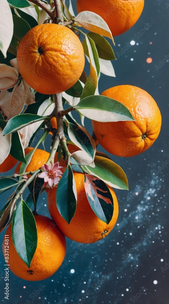 Poster three oranges hanging from a tree in a field with leaves