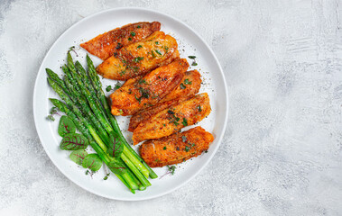 fried fish fillet, tilapia with asparagus, homemade, no people,