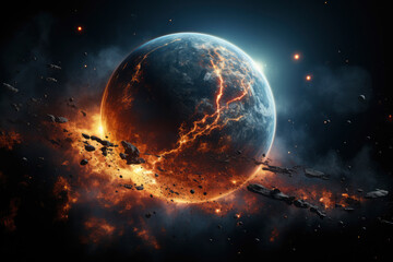 Apocalyptic Space Scene, Planet Cracking and Exploding