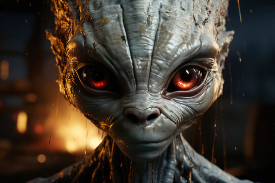Alien in grew with fiery eyes looks grimly
