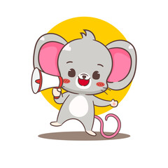 Cute mouse holding megaphone cartoon character. Adorable kawaii animal mascot vector illustration concept design. Isolated white background.
