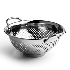 Stainless Steel Colander Isolated on White Background. High-Resolution Kitchen Utensil Concept