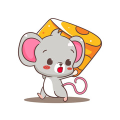 Cute mouse stealing cheese cartoon character. Adorable kawaii animal mascot vector illustration concept design. Isolated white background.