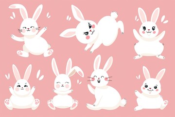 A group of cute white rabbits enjoying themselves on a soft pink background.