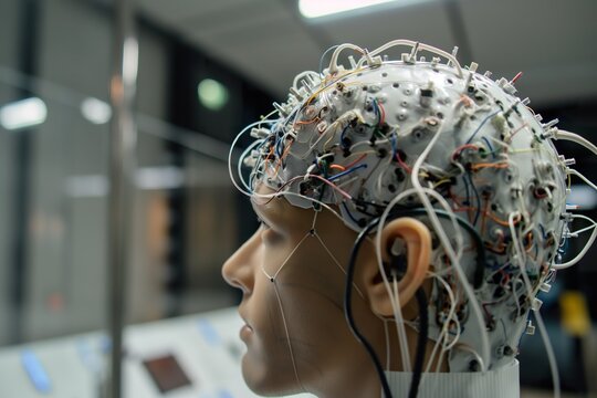 Mannequin head overloaded with wires and electrodes.