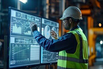 An industrial engineer analyzes real-time data on large screens in a factory setting.
