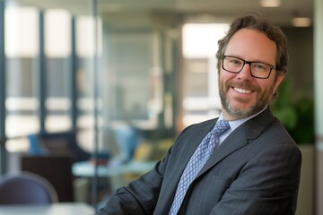 Obraz premium A smiling investment executive sits in a modern office setting, radiating confidence and expertise.