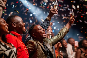 Obraz premium A group of black people raise their champagne glasses in celebration, confetti raining down around them.