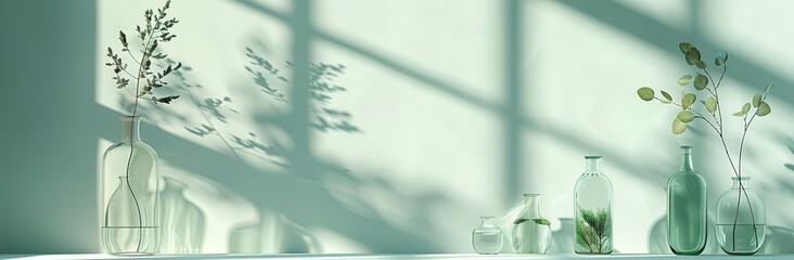 A minimalist composition featuring glass vases and bottles on an empty white shelf, with the shadows of plants creating delicate patterns against a soft mint green background. The arrangement is balan