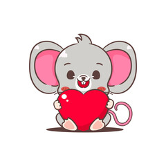 Cute mouse cartoon character holding big love heart. Adorable kawaii animal mascot vector illustration concept design. Isolated white background.