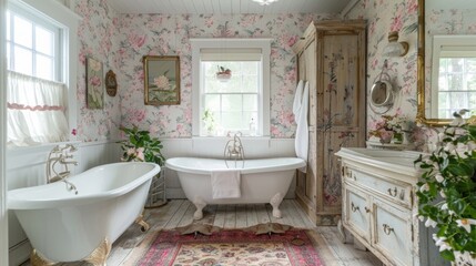 A charming cottage-style bathroom with vintage fixtures, floral wallpaper, and a cozy, inviting atmosphere. The design is quaint and lovely. --ar 16:9 --style raw 