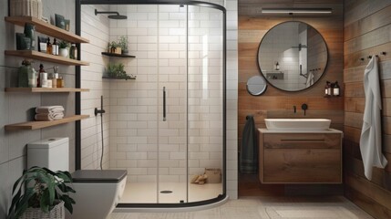 A compact bathroom with efficient use of space, featuring a corner shower, wall-mounted sink, and floating shelves for storage. The design is practical and stylish. --ar 16:9 --style raw 