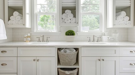 A family-friendly bathroom with a double sink vanity, durable tiles, and plenty of storage for towels and toiletries. The design is practical and accommodating. --ar 16:9 --style raw 