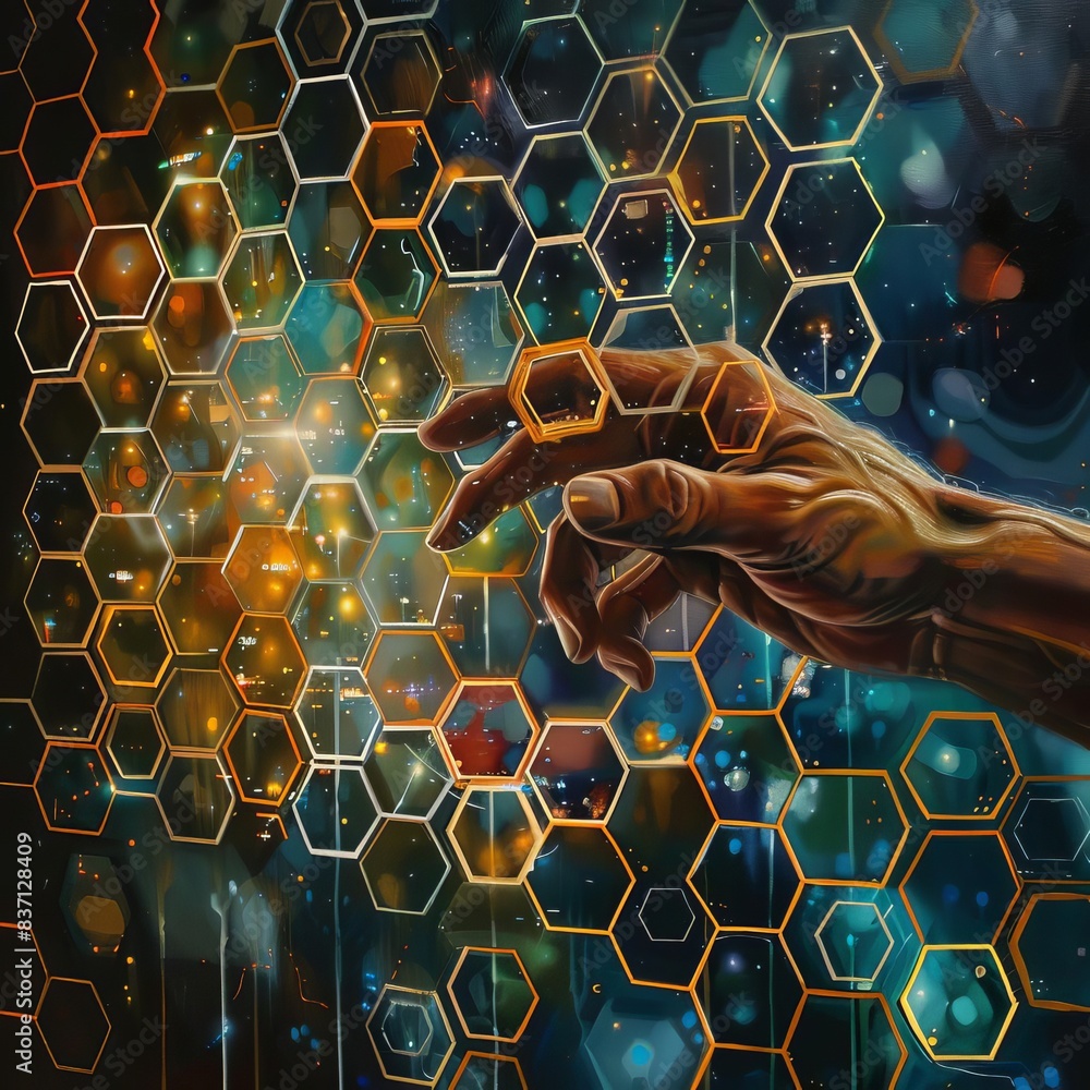 Aufkleber a hand interacting with a digital honeycomb interface, representing futuristic technology and data i
