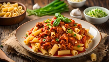 macaroni pasta in tomato sauce with chop meat decorated with scallion on a wooden table
