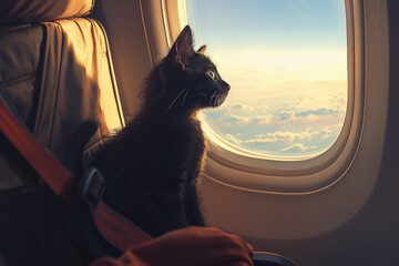  black kitten sitting in passenger seat of airplane near window next to young man, safe travelling with owner
