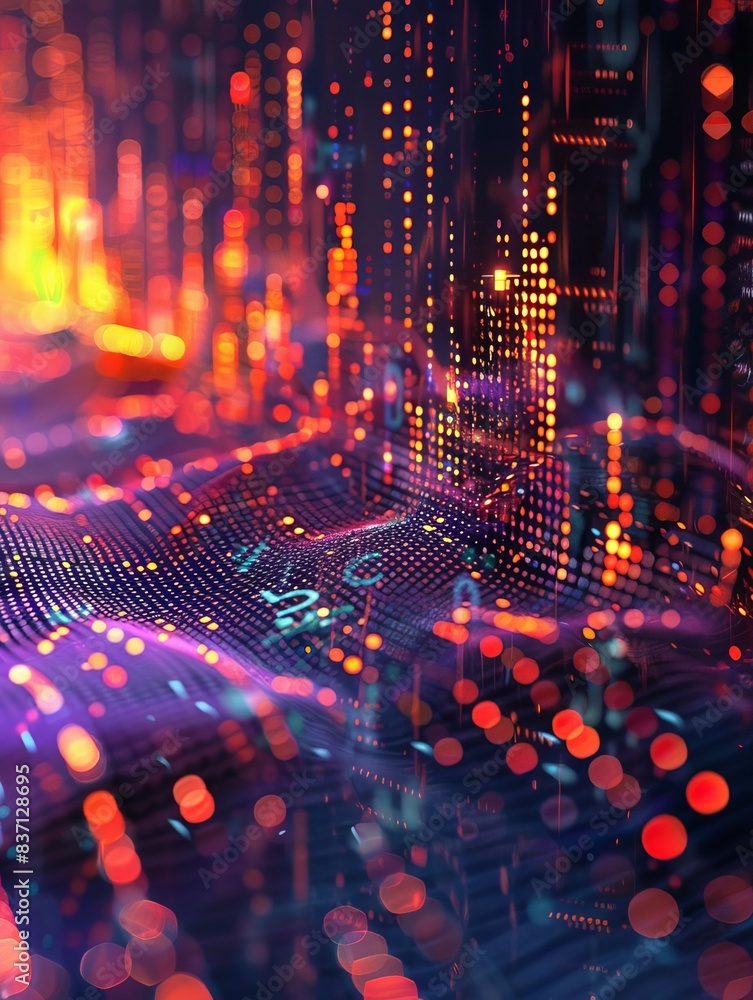 Poster abstract futuristic technology background with neon lights and digital data visualization in a vibra