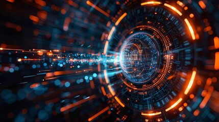 Obraz premium Abstract futuristic tunnel with vibrant blue and orange lights, representing technology and innovation. Perfect for digital and sci-fi themes.